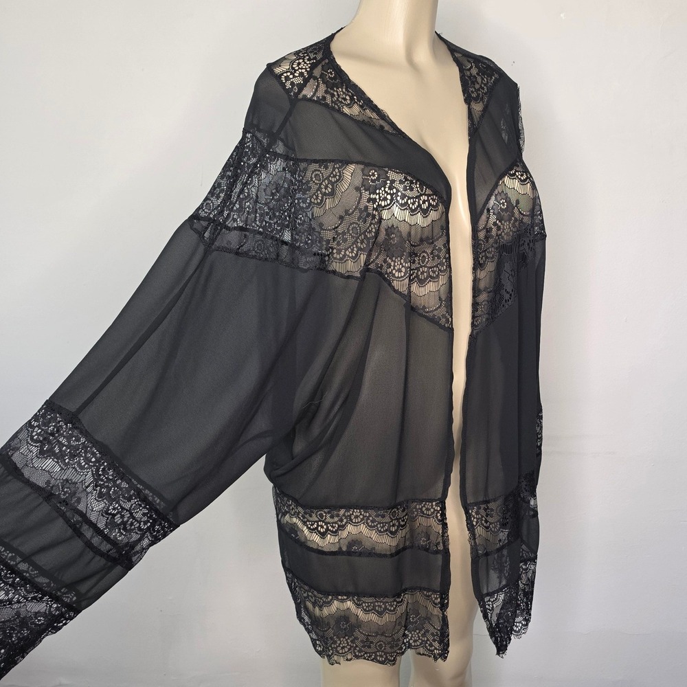 Sexy Kimono Robe Women L/XL Black Sheer Lace Open Front Boho Cover Up Date